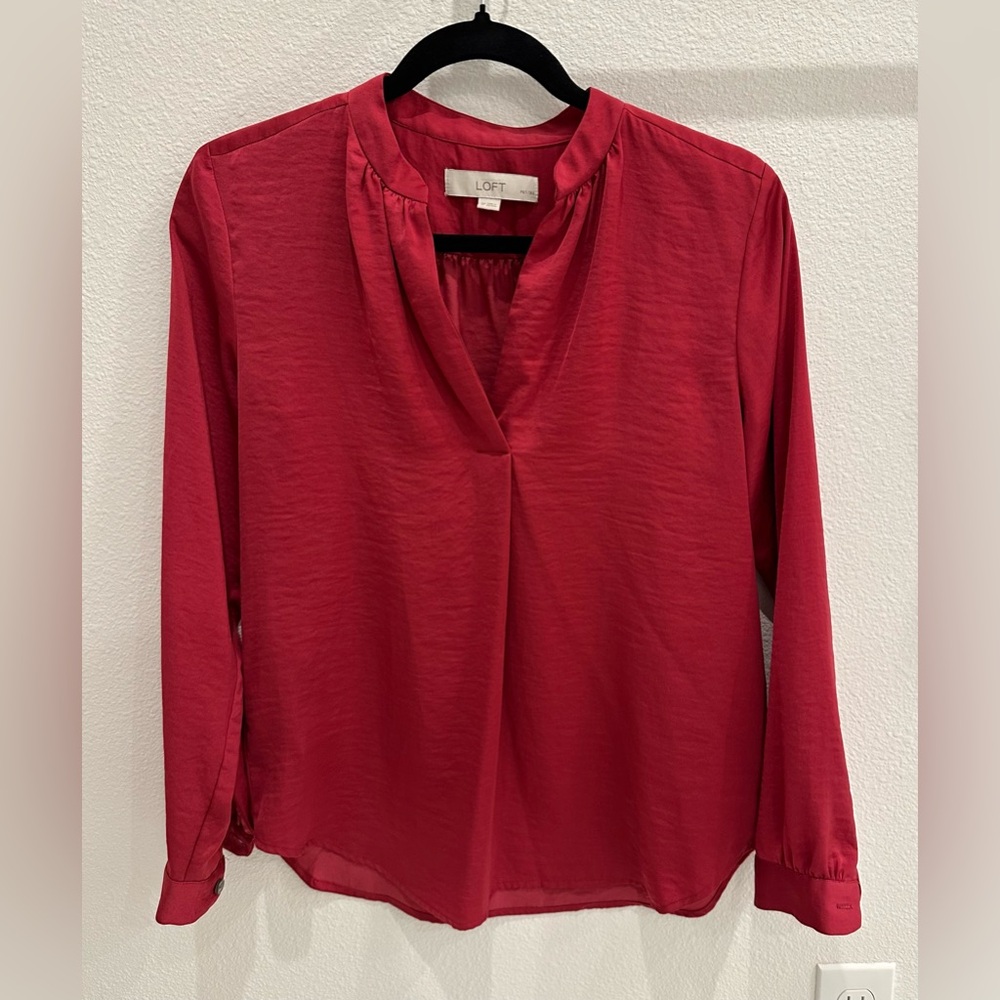 LOFT Red Long Sleeve Relaxed Mandarin Collar Blouse